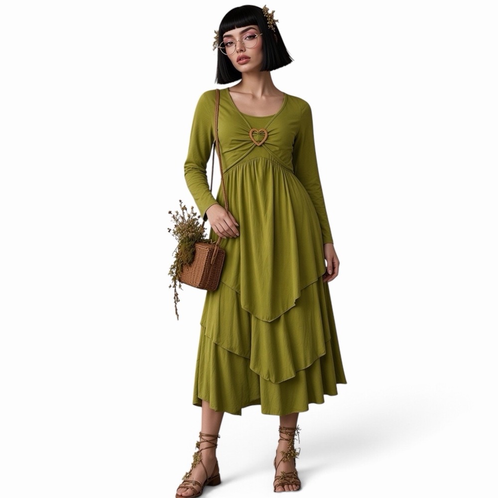 Olive Green Tiered Midi Dress Heart Buckle Long Sleeve Fairycore Cottagecore 1XL